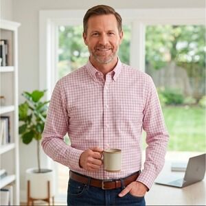 Lauren Ralph Lauren Mens Pink Plaid Slim Fit Stretch Dress Shirt 17.5 34/35 XL